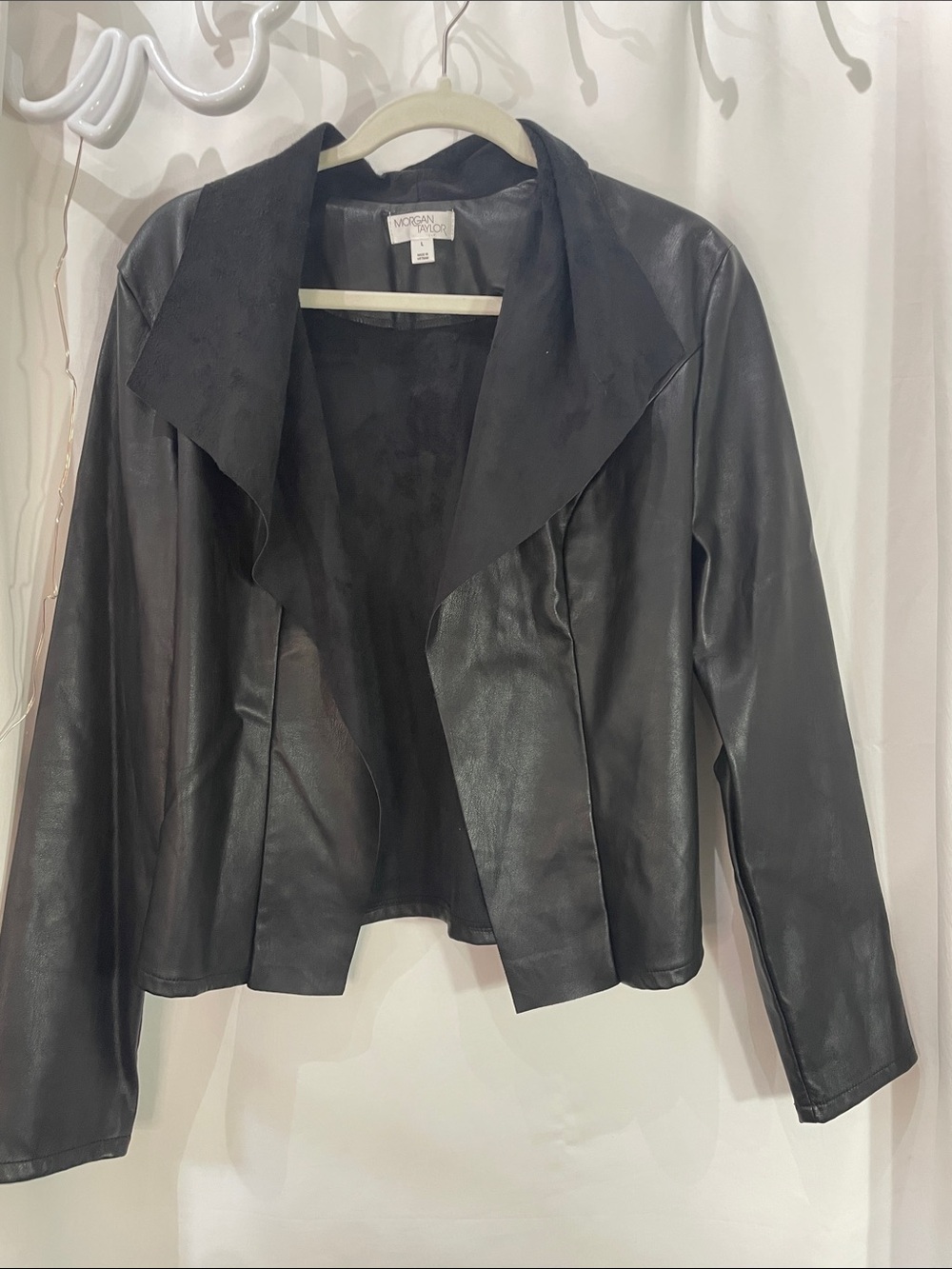 Morgan Taylor Black Draped Open-Front Faux Leather Jacket